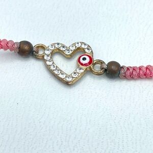 Y2K Adjustable Rhinestone Embellish Evil Eye Pink Cord Heart Charm Bracelet